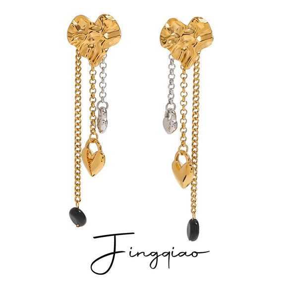 Wholesale Geometric Stainless Steel Electroplated Hammered Love Tassel Obsidian Earrings Jewelry In Gold And Silver Color Matching