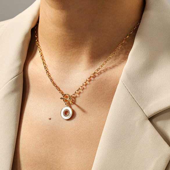 Wholesale Geometric Stainless Steel Electroplated Hollow Openstyle Necklace For Women With White Shell Inlay