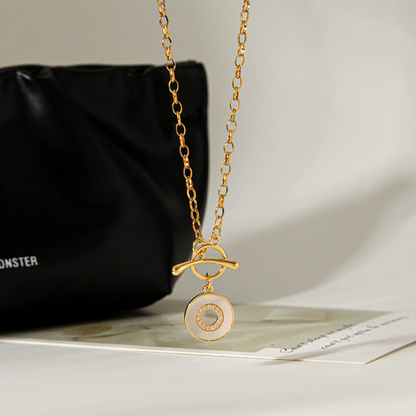 Wholesale Geometric Stainless Steel Electroplated Hollow Openstyle Necklace For Women With White Shell Inlay
