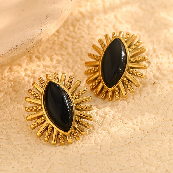 Wholesale Geometric Stainless Steel Electroplated 18K Gold Black Onyx Eyes Earrings For Women