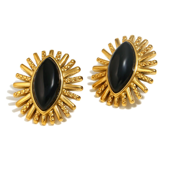 Wholesale Geometric Stainless Steel Electroplated 18K Gold Black Onyx Eyes Earrings For Women