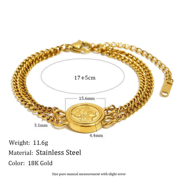 Wholesale Geometric Stainless Steel Electroplated 18K Gold Double Chain Queen Head Bracelet For Women