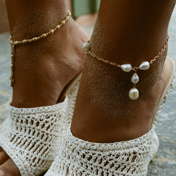 Wholesale Geometric Stainless Steel Freshwater Pearl Clip Chain Anklet Electroplated Trendy Women's Jewelry