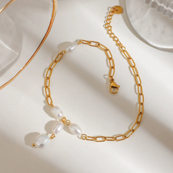 Wholesale Geometric Stainless Steel Freshwater Pearl Clip Chain Anklet Electroplated Trendy Women's Jewelry
