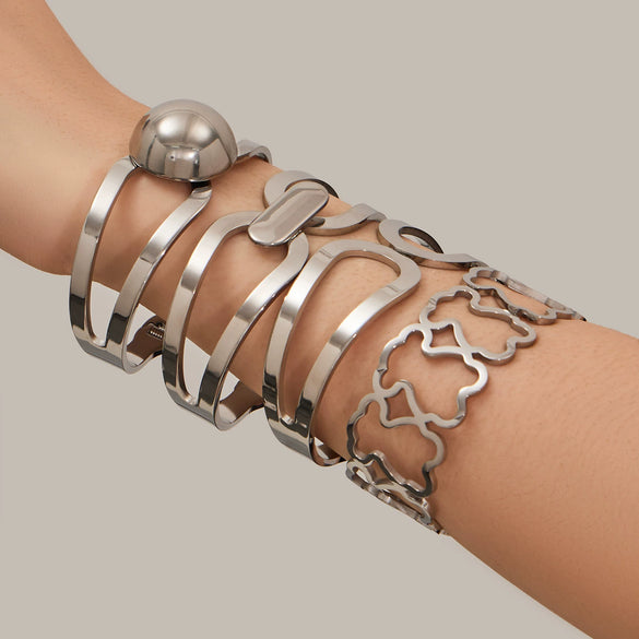 Wholesale Geometric Stainless Steel 18K Gold Plated Bracelet Set With Large Round Beads And Exaggerated Unique Design