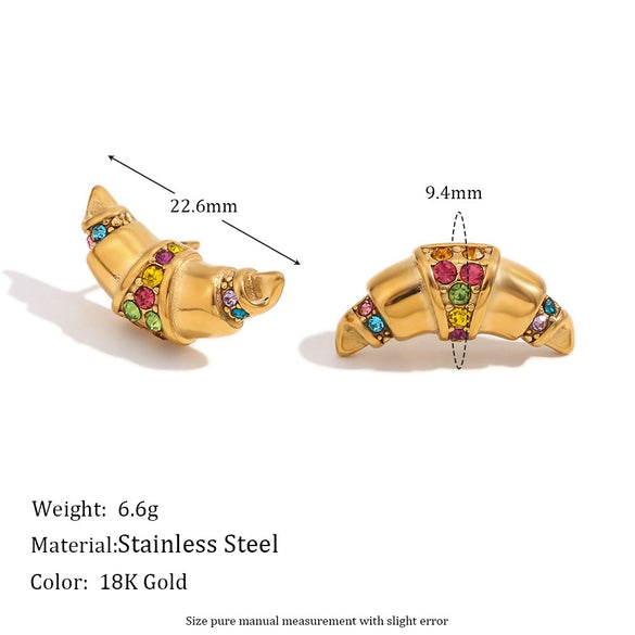 Wholesale Geometric Stainless Steel 18K Gold Plated Casting Microset Rhinestone Horn Earrings For Women