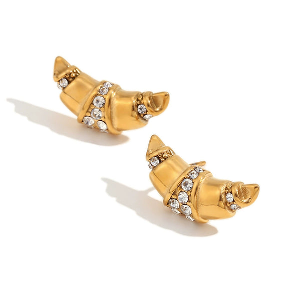 Wholesale Geometric Stainless Steel 18K Gold Plated Casting Microset Rhinestone Horn Earrings For Women