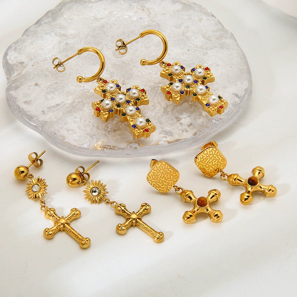 Wholesale Geometric Stainless Steel 18K Gold Plated Diamondencrusted Cross Pendant Earrings For Women
