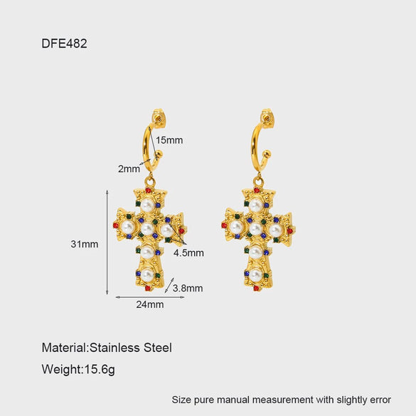 Wholesale Geometric Stainless Steel 18K Gold Plated Diamondencrusted Cross Pendant Earrings For Women