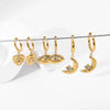 Wholesale Geometric Stainless Steel 14K Gold Plated Eye And Moon Pendant Hoop Earrings For Women