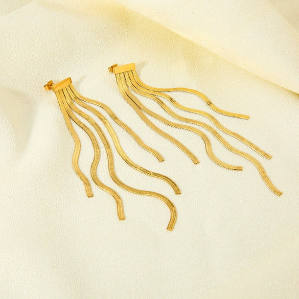 Wholesale Geometric Stainless Steel 18K Gold Plated Long Blade Chain Tassel Earrings For Women