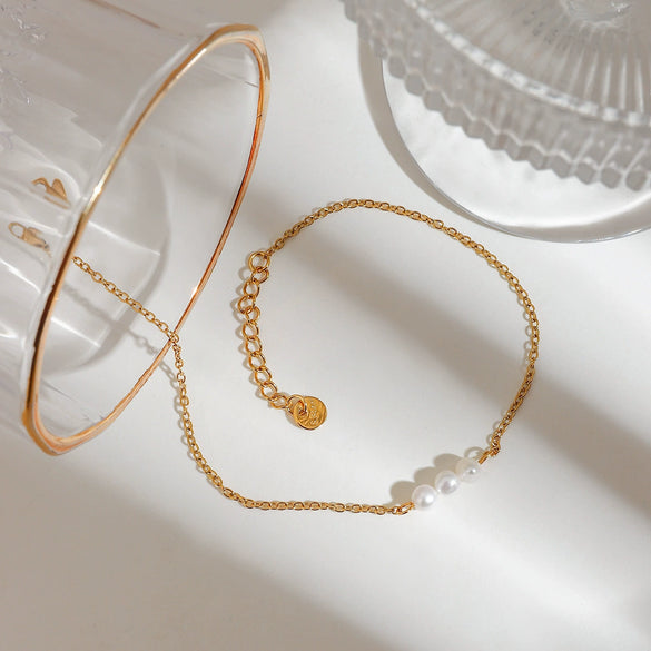 Wholesale Geometric Stainless Steel 18K Gold Plated Natural Freshwater Pearl Anklet Stylish And Quiet Design Minimalist Style