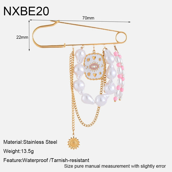 Wholesale Geometric Stainless Steel 18K Gold Plated Pearl Tassel Pendant Brooch Pin Unisex Clothing Accessories