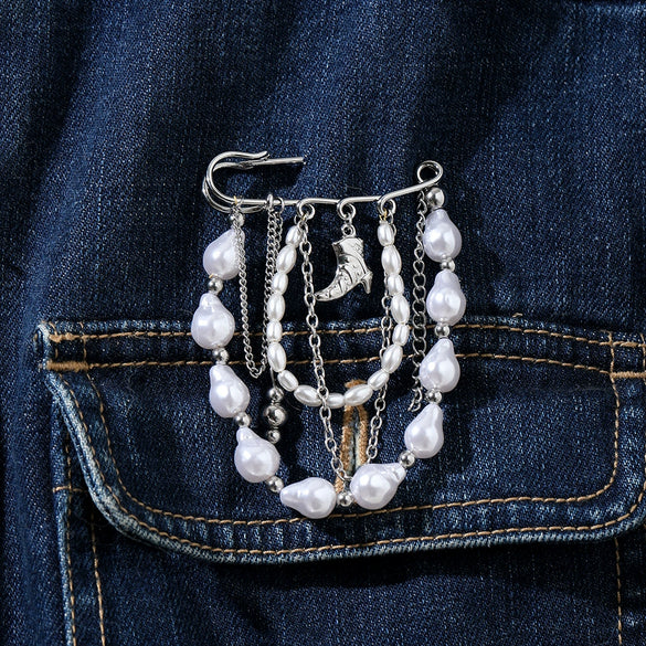 Wholesale Geometric Stainless Steel 18K Gold Plated Pearl Tassel Pendant Brooch Pin Unisex Clothing Accessories