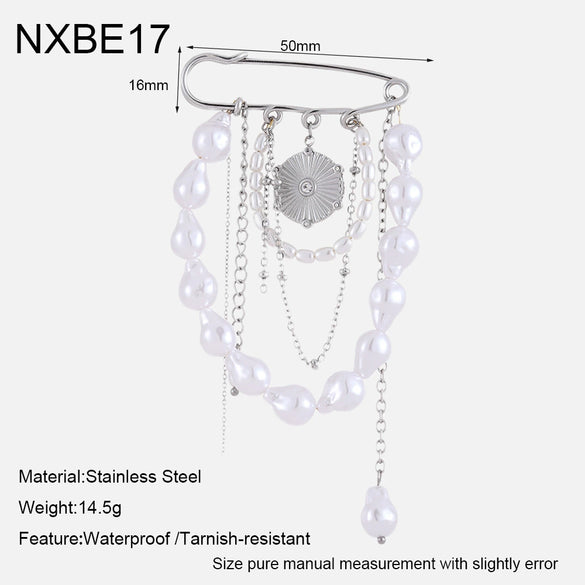 Wholesale Geometric Stainless Steel 18K Gold Plated Pearl Tassel Pendant Brooch Pin Unisex Clothing Accessories