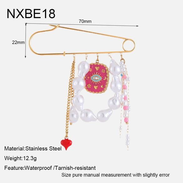 Wholesale Geometric Stainless Steel 18K Gold Plated Pearl Tassel Pendant Brooch Pin Unisex Clothing Accessories