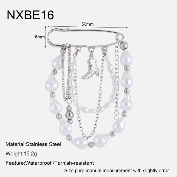 Wholesale Geometric Stainless Steel 18K Gold Plated Pearl Tassel Pendant Brooch Pin Unisex Clothing Accessories