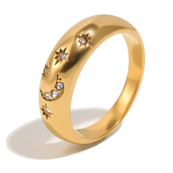 Wholesale Geometric Stainless Steel 18K Goldplated Vintage Star And Moon Ring For Women