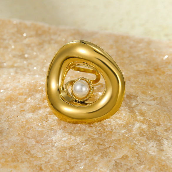 Wholesale Geometric Stainless Steel Ring Plated 18K Gold Inlaid Natural Stone Light Luxury Style