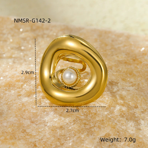 Wholesale Geometric Stainless Steel Ring Plated 18K Gold Inlaid Natural Stone Light Luxury Style