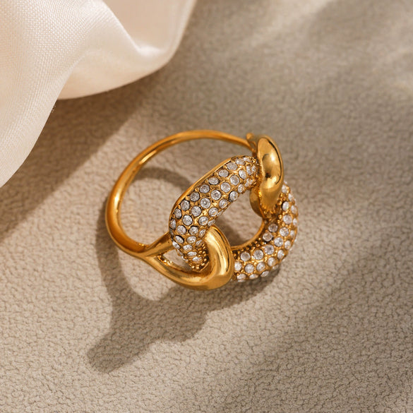 Wholesale Geometric 316L Stainless Steel Ring With 5A Zircon Electroplated In 18K Real Gold As Fashion Jewelry
