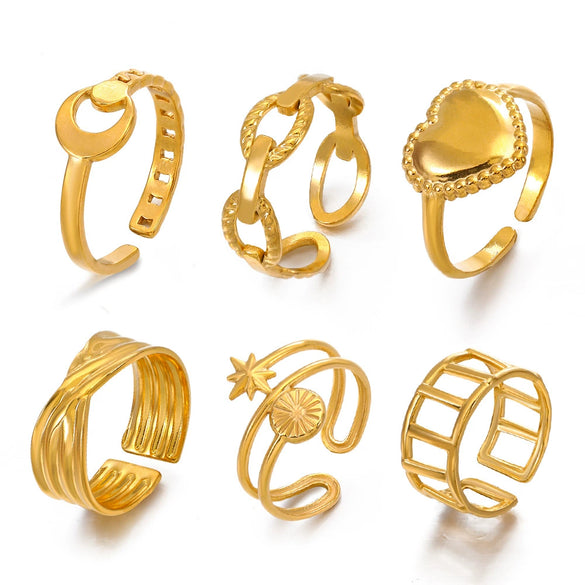 Wholesale Geometric Stainless Steel Star Moon Ring 18K Gold Plated For Women