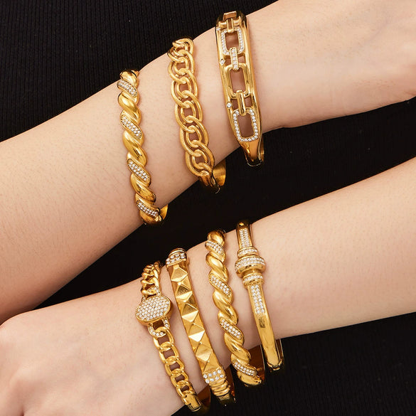 Wholesale Geometric Stainless Steel Zircon Inlay 18K Gold Plated Clasp Bracelet