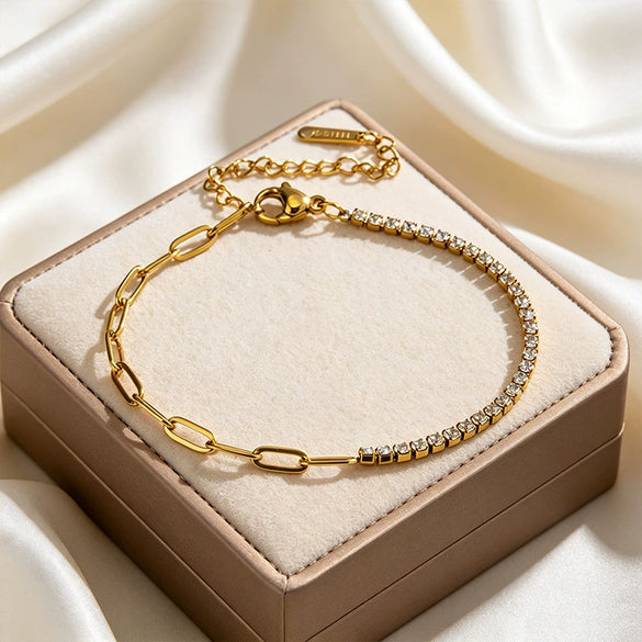Wholesale Geometric Stainless Steel Zircon Vacuum Plated 18K Gold Chain Bracelet For Women