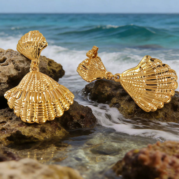 Wholesale Geometric Stamped Stainless Steel Shell Pendant Earrings For Women In Minimalist Style