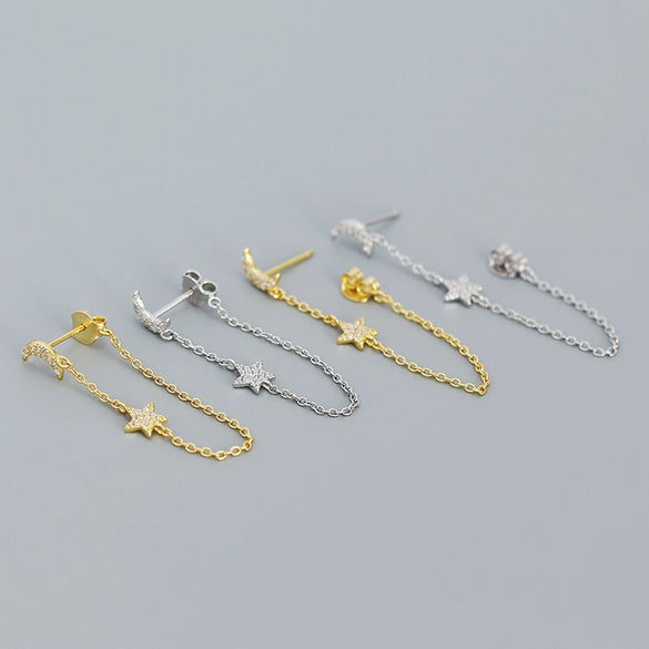 Wholesale Geometric Star Moon Tassel Earrings S925 Sterling Silver Electroplated For Women