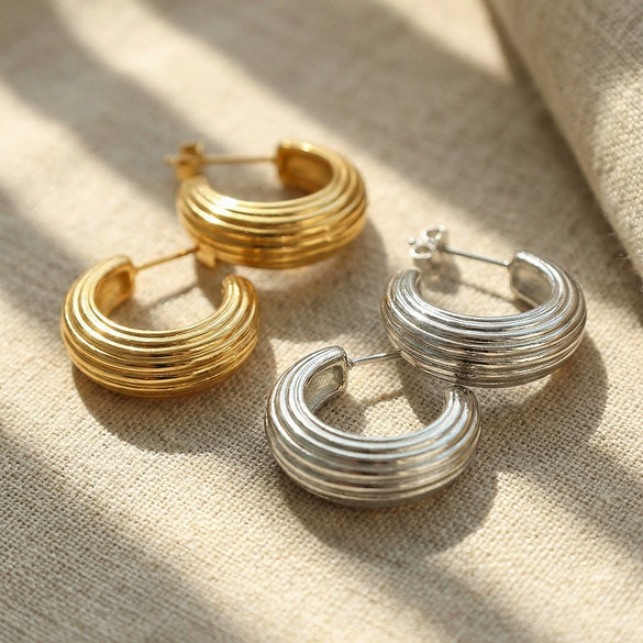 Wholesale Geometric Striped Cshaped Stainless Steel Goldplated Earrings For Women