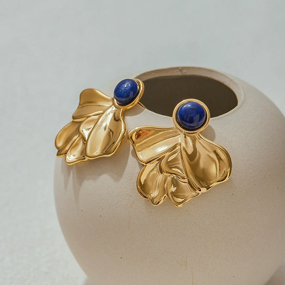 Wholesale Geometric Style Electroplated Stainless Steel Lapis Lazuite Irregular Fan Earrings Ear Jewelry