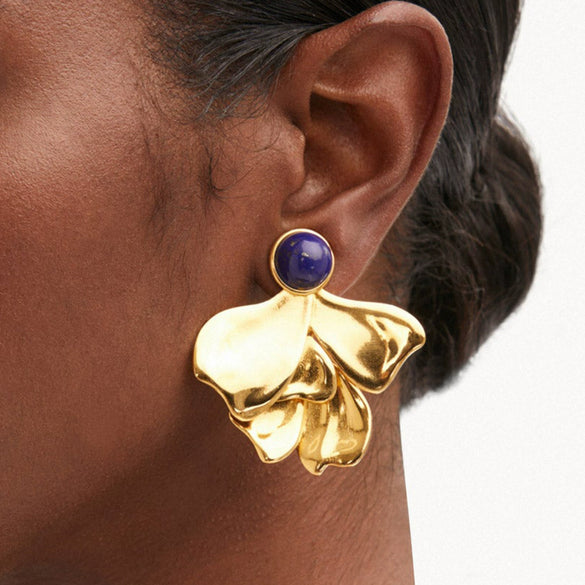 Wholesale Geometric Style Electroplated Stainless Steel Lapis Lazuite Irregular Fan Earrings Ear Jewelry
