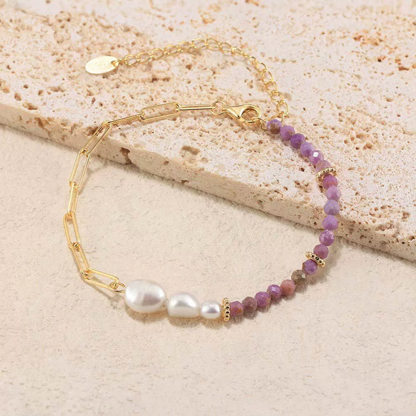 Wholesale Geometric Style Natural Stone And Freshwater Pearl 925 Sterling Silver Paper Clip Bracelet For Women With Electroplating