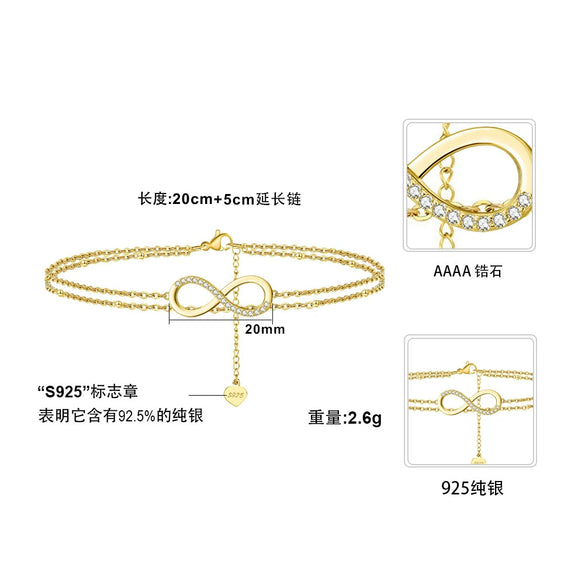 Wholesale Geometric Style S925 Sterling Silver Women's Anklet With Double Layer 8 Word Lucky Symbol