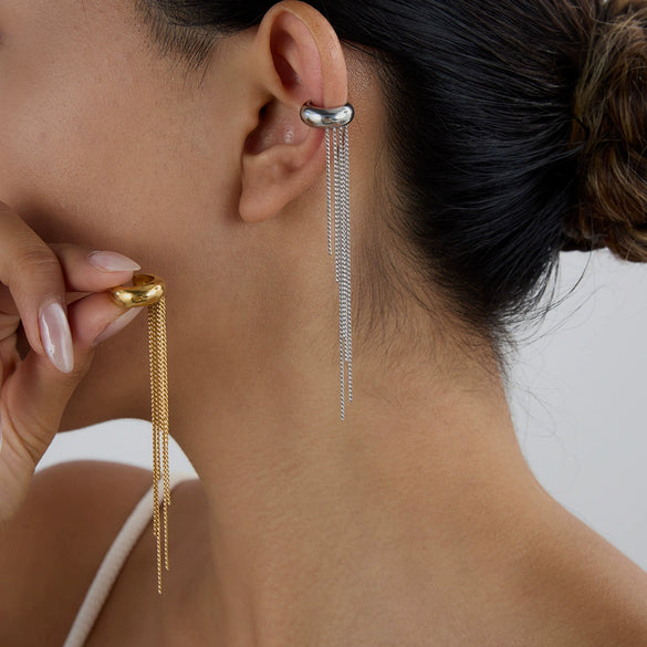Wholesale Geometric Style Stainless Steel Tassel Ear Clip Earrings With 18K Gold Electroplating For Women