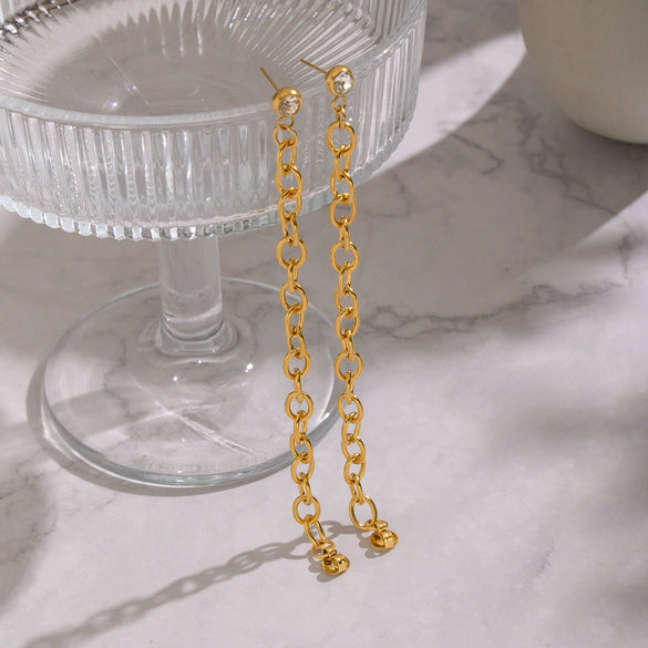 Wholesale Geometric Tassel Chain Diamondstudded Stainless Steel Earrings For Women With Vacuum Real Gold Plating