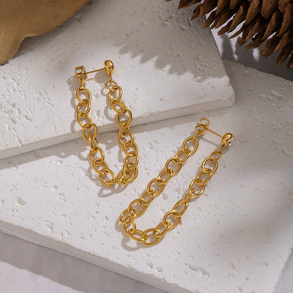 Wholesale Geometric Tassel Chain Diamondstudded Stainless Steel Earrings For Women With Vacuum Real Gold Plating