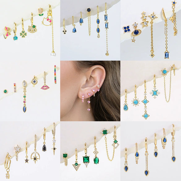 Wholesale Geometric Tassel Chain Earrings Set Copper With Colorful Zircon