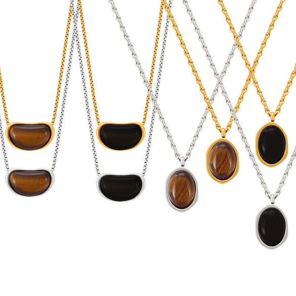 Wholesale Geometric Tiger Eye 316L Stainless Steel Necklace With Electroplating For Women Retro Niche Design Sense