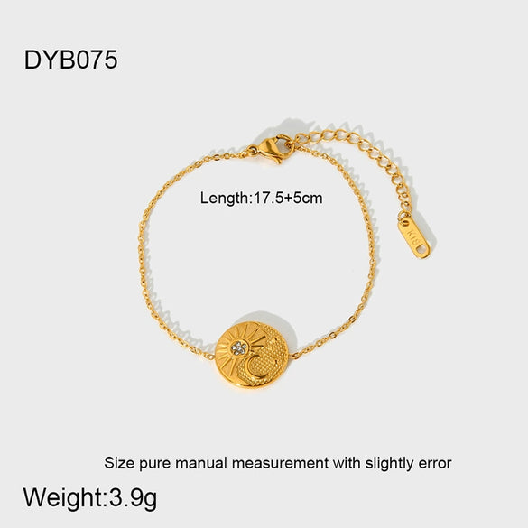 Wholesale Geometric Titanium Steel And Stainless Steel Electroplated Sun And Moon Embossed Round Pendant Necklace And Bracelet For Women