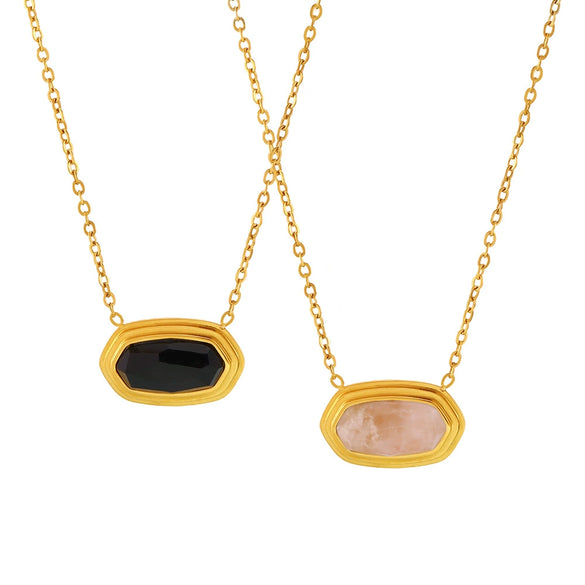 Wholesale Geometric Titanium Steel Black Agate Inlay Necklace Pendant With 18K Plated Real Gold Electroplating For Women
