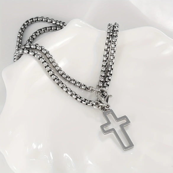 Wholesale Geometric Titanium Steel Cross Cut Out Double Chain Unisex Bracelet