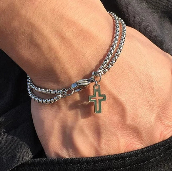 Wholesale Geometric Titanium Steel Cross Cut Out Double Chain Unisex Bracelet