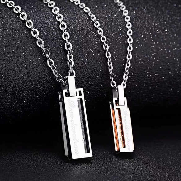 Wholesale Geometric Titanium Steel Electroplated Rectangular Zircon Pendant Ball Chain Unisex Couple Necklace Pair