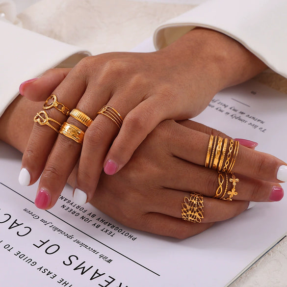 Wholesale Geometric 316L Stainless Steel Finger Ring With Electroplating And Hollow Multilayer Texture Stitching Design
