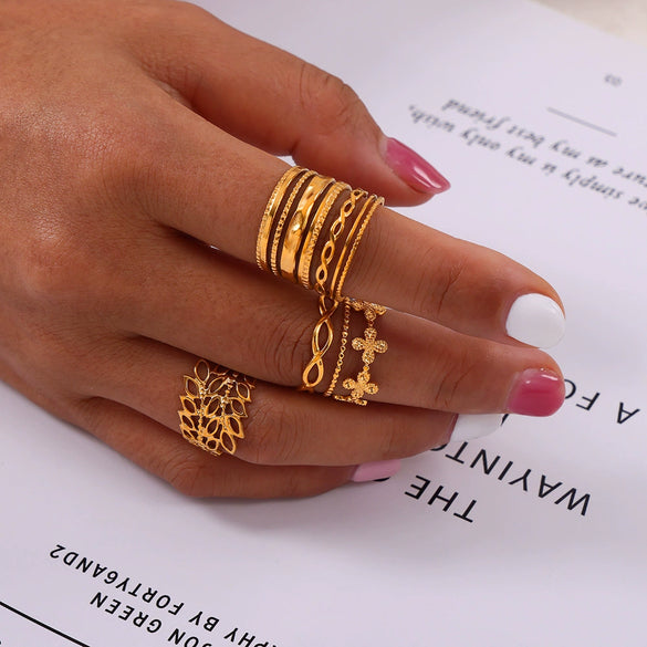 Wholesale Geometric 316L Stainless Steel Finger Ring With Electroplating And Hollow Multilayer Texture Stitching Design