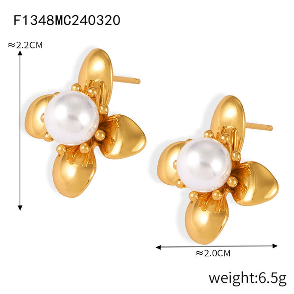 Wholesale Geometric 316L Stainless Steel Flower Shape Inlaid Imitation Pearl Gold Plated Women's Earrings