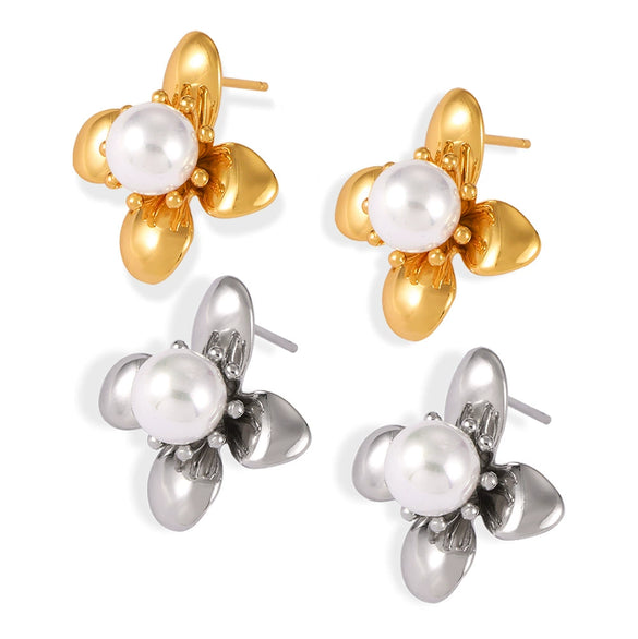 Wholesale Geometric 316L Stainless Steel Flower Shape Inlaid Imitation Pearl Gold Plated Women's Earrings