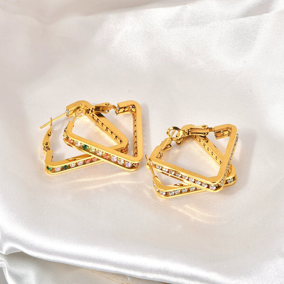Wholesale Geometric Titanium Steel 18K Gold Plated Women's Earrings With Colored And White Diamonds